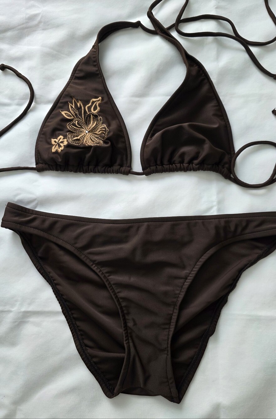Women’s Chocolate Brown Embroidered Triangle Bikini Set
